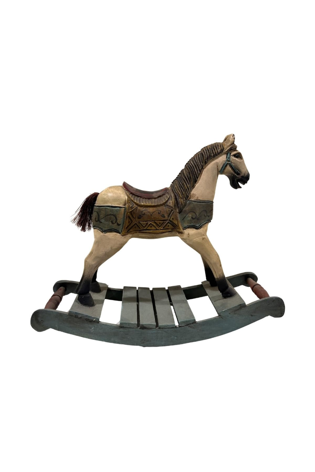 Antique Wooden Hand-Carved Rocking Horse - Hand-Painted Vintage Toy - Decorative Solid Wood Sculpture 19.3" x 15.7" - Multicolor