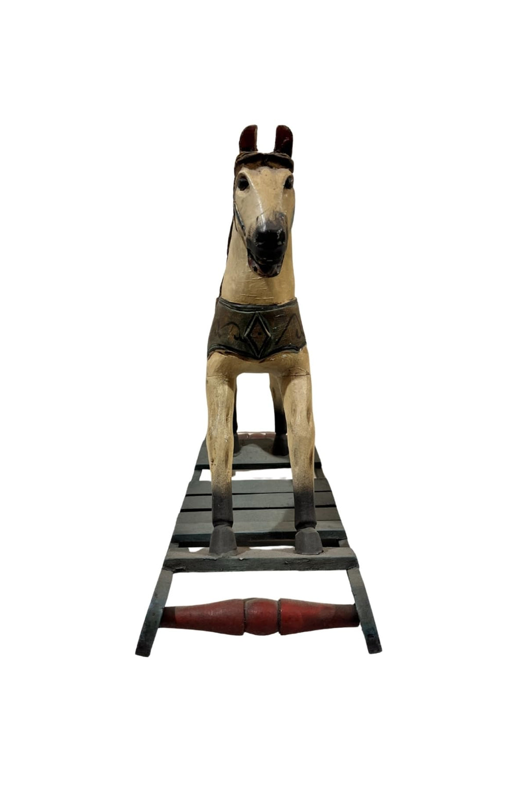 Antique Wooden Rocking Horse 49x40 CM - Hand Carved Painted Toy Horse Vintage Collectible Decorative Solid Wood - Multicolor