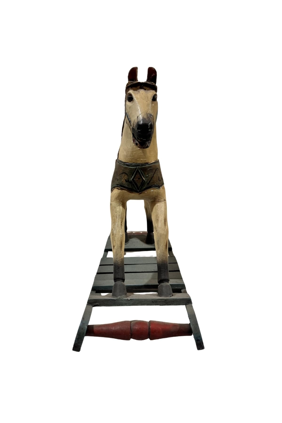 Antique Wooden Hand-Carved Rocking Horse - Hand-Painted Vintage Toy - Decorative Solid Wood Sculpture 19.3" x 15.7" - Multicolor