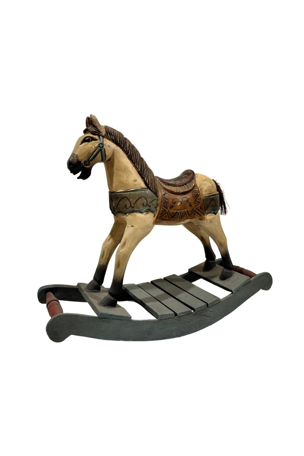 Antique Wooden Hand-Carved Rocking Horse - Hand-Painted Vintage Toy - Decorative Solid Wood Sculpture 19.3" x 15.7" - Multicolor