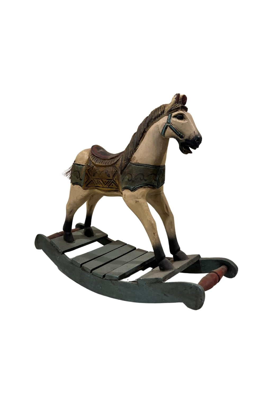 Antique Wooden Rocking Horse 49x40 CM - Hand Carved Painted Toy Horse Vintage Collectible Decorative Solid Wood - Multicolor