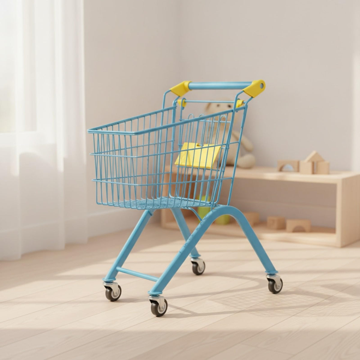 Childrens Metal Shopping Cart Toy with Spacious Wire Basket and Maneuverable Wheels for Interactive Role Play Games Suitable for Preschool Boys Girls Age, Blue, 65CM Foldable
