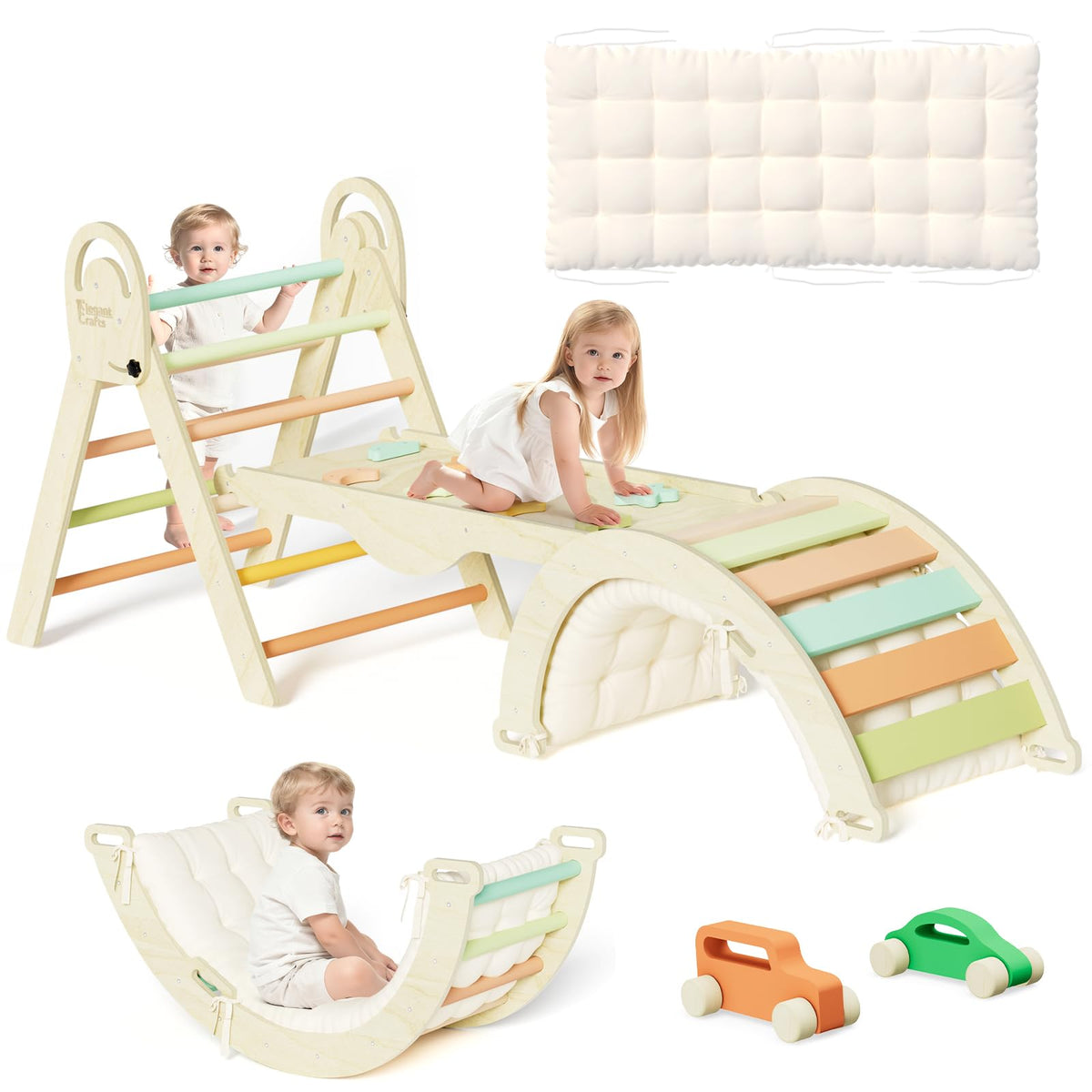 ElegantCrafts Pikler Triangle Set with Cushion, Montessori Climbing Set, Indoor Climb Toys, Indoor Playground Jungle Gyms, 9 Combinations Climbing Toy Set for Toddler, Baby, Kids 1-4
