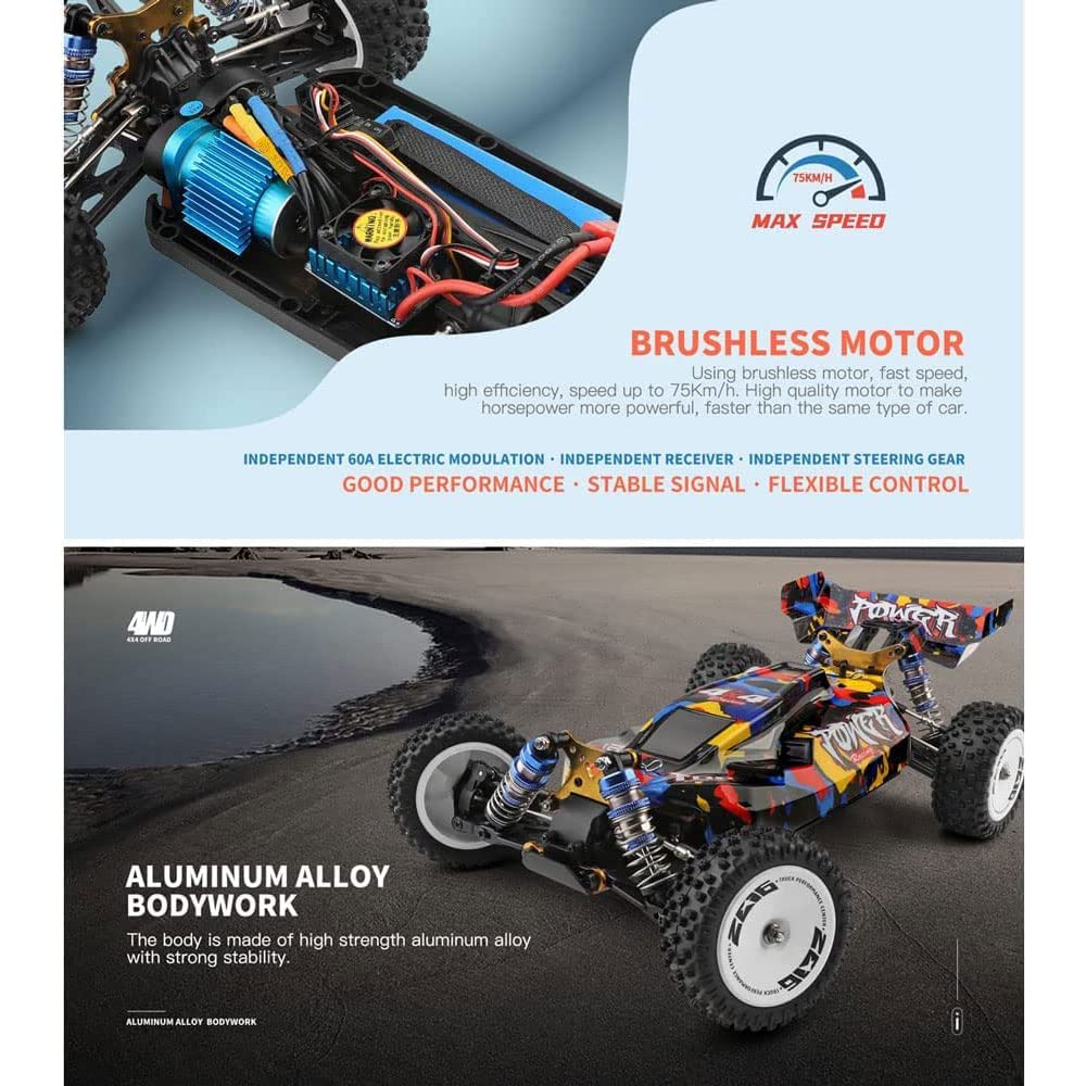 2.4GHZ Brushless RC Cars 75 KM/H High Speed 4WD Remote Control Car All Terrain Off Road Truck Hobby Racing Toys Alloy Chassis Hydraulic Shock Absorption RC Vehicle
