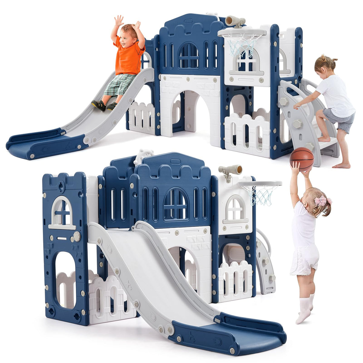 8 in 1 Toddler Slide Indoor Playground, Indoor Slide Toddler Playset for Toddlers 1-3, Kids Outdoor Playground with Basketball Hoop, Climber, Crawling Tunnel, Telescope, Toy Storage