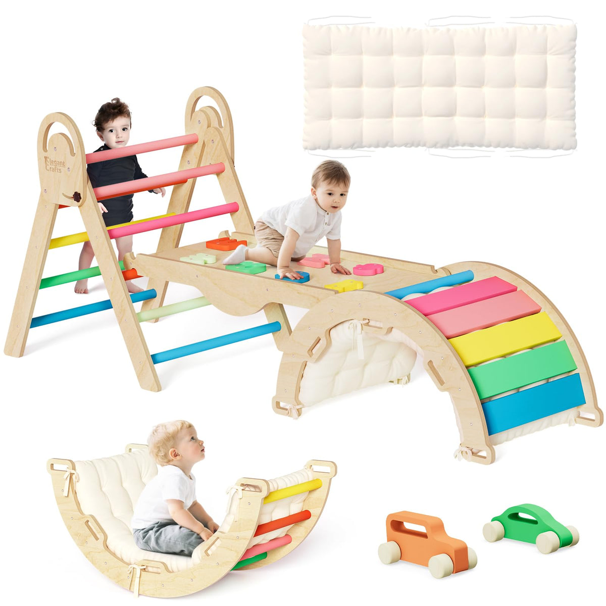 ElegantCrafts Pikler Triangle Set with Cushion, Montessori Climbing Set, Indoor Climb Toys, Indoor Playground Jungle Gyms, 9 Combinations Climbing Toy Set for Toddler, Baby, Kids 1-4