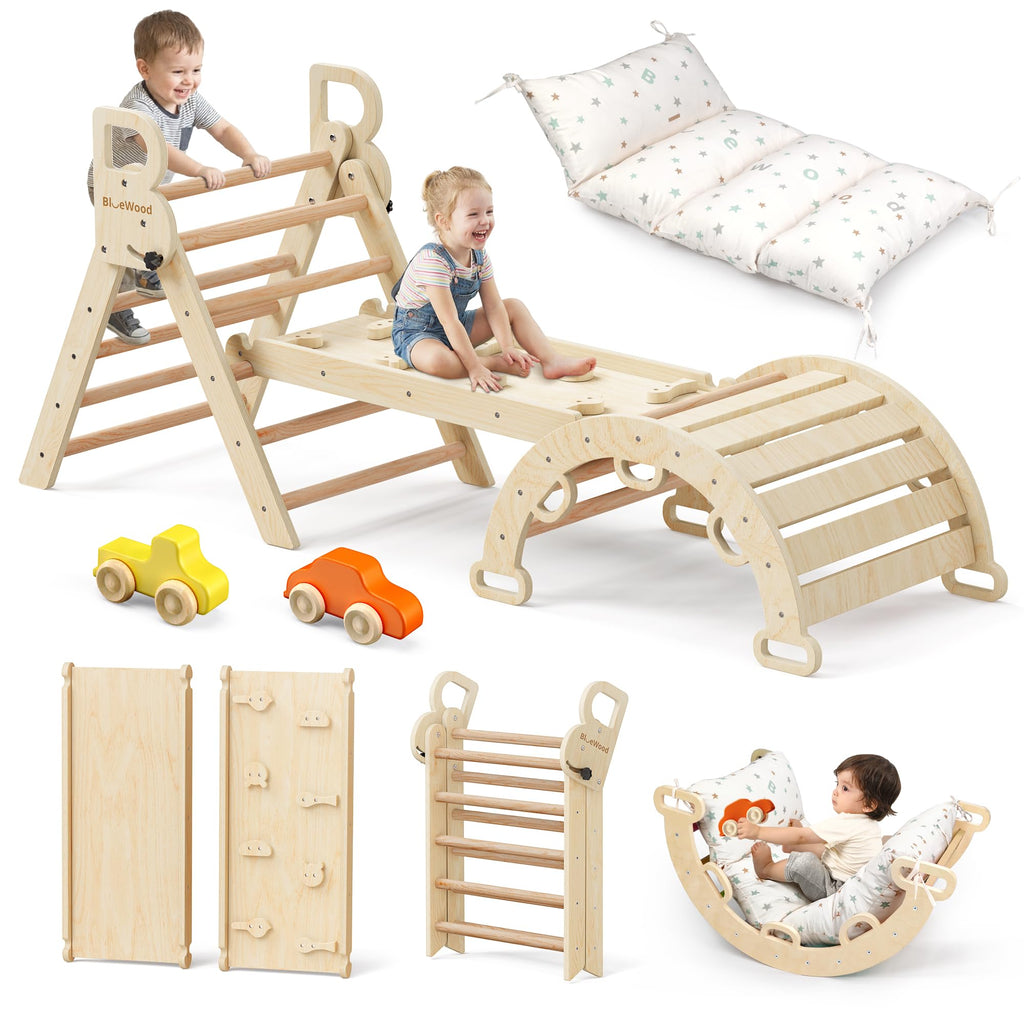 BlueWood Pikler Triangle Set with Cushion, Wooden Climbing Toys for Toddler