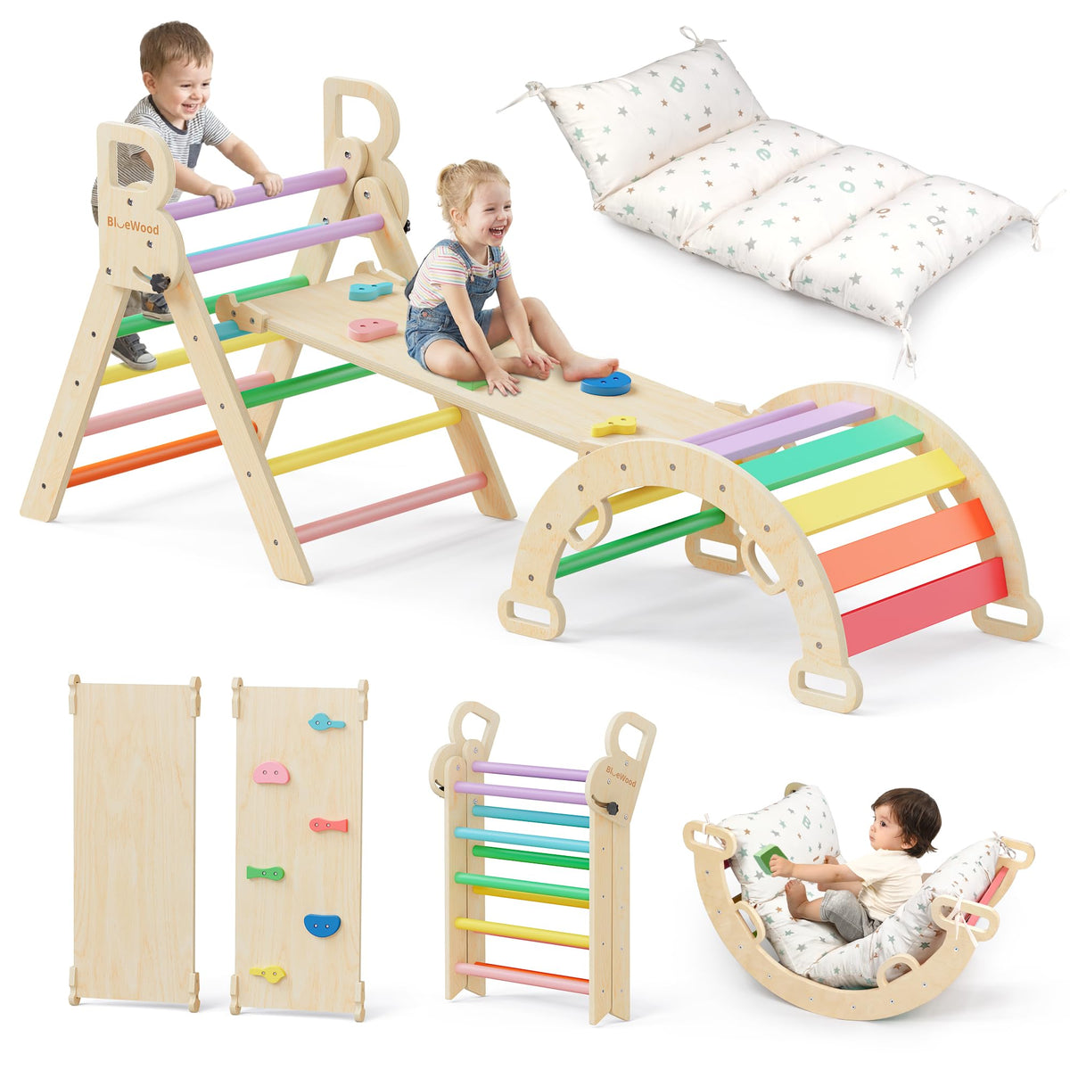 BlueWood Pikler Triangle Set with Cushion, Wooden Climbing Toys for Toddler