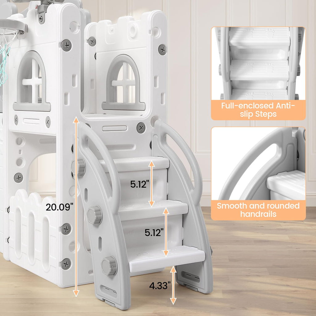 8 in 1 Toddler Slide Indoor Playground, Indoor Slide Toddler Playset for Toddlers 1-3, Kids Outdoor Playground with Basketball Hoop, Climber, Crawling Tunnel, Telescope, Toy Storage