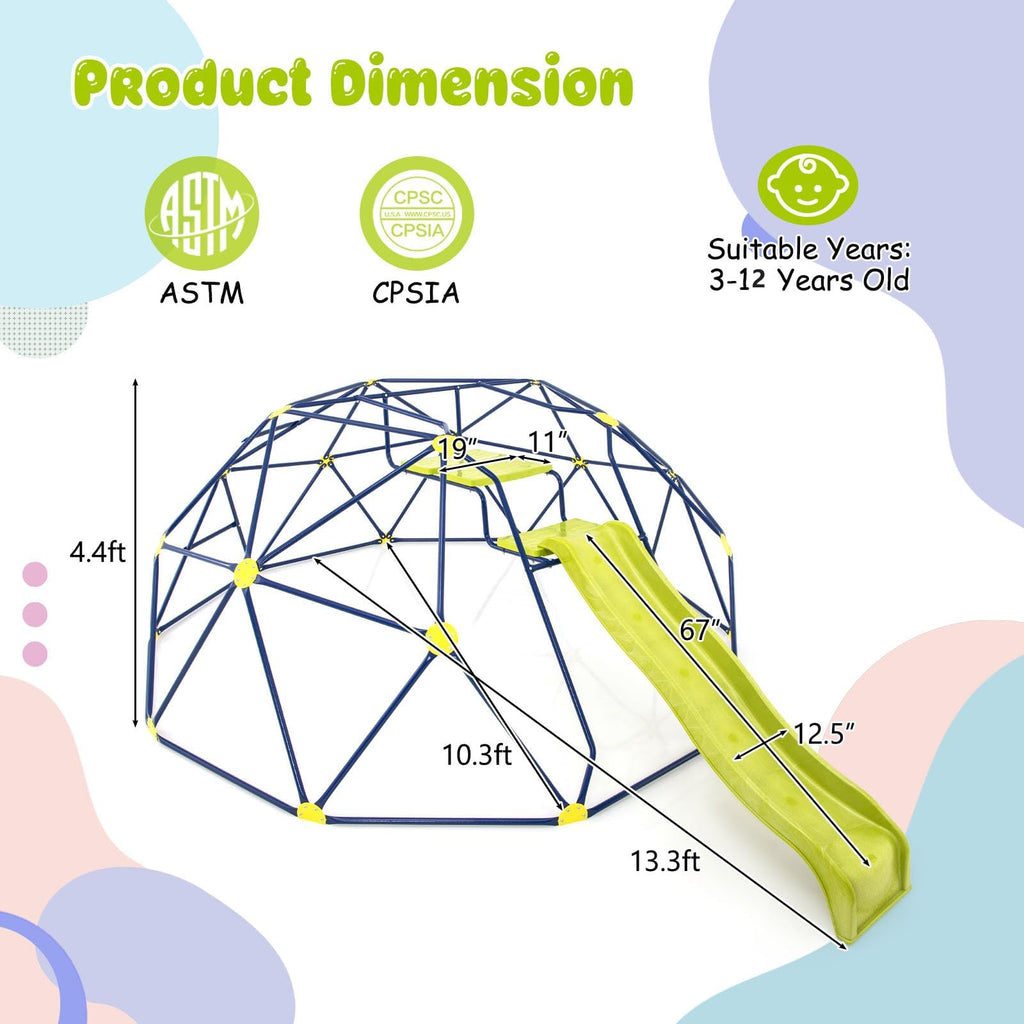 Costzon Kids Climbing Dome with Extended Wavy Slide, 13.3FT Kids Jungle Gym Monkey Bar for Outdoor, Indoor Geometric Dome Climber Playground, Climbing Toys for 3-10 Boys Girls Backyard Gift
