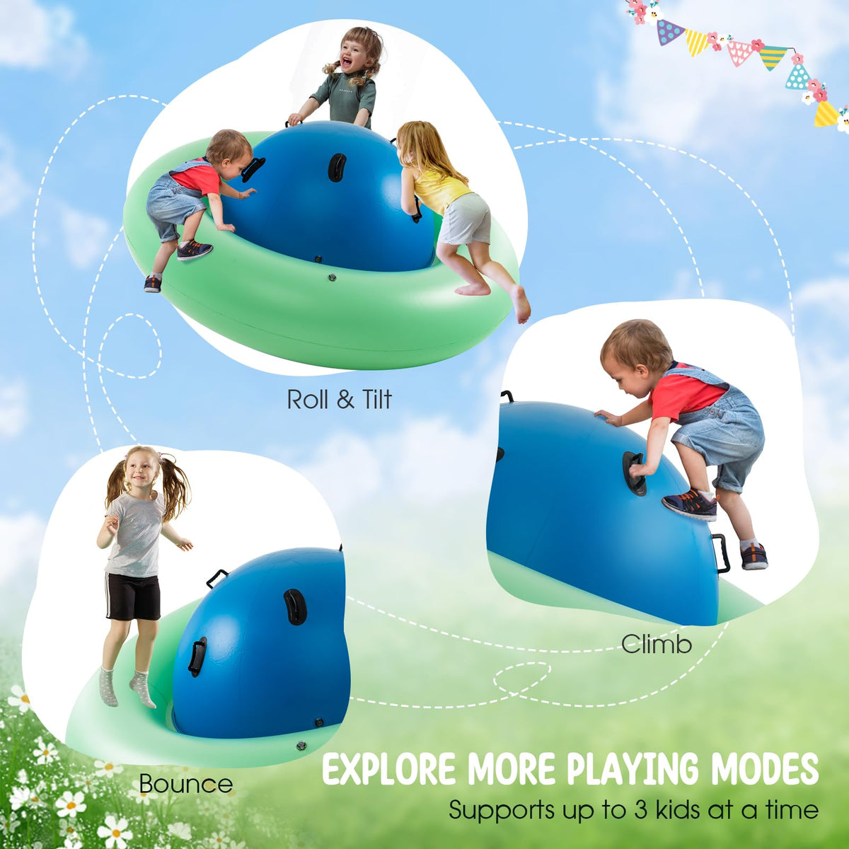 Costzon Inflatable Dome Rocker Bouncer, 88'' Kids Rock and Roll Teeter Totter Seesaw and Climbing Bridge with 6 Handles, Blow Up Giant Rocking Ball Playground Equipment Indoor Outdoor Game Toy Gifts