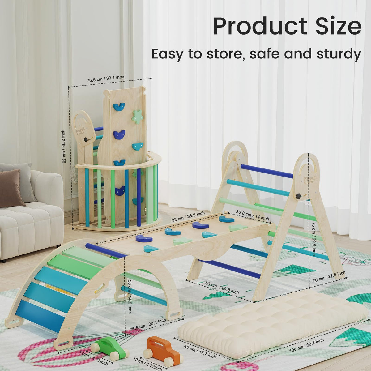 ElegantCrafts Pikler Triangle Set with Cushion, Montessori Climbing Set, Indoor Climb Toys, Indoor Playground Jungle Gyms, 9 Combinations Climbing Toy Set for Toddler, Baby, Kids 1-4