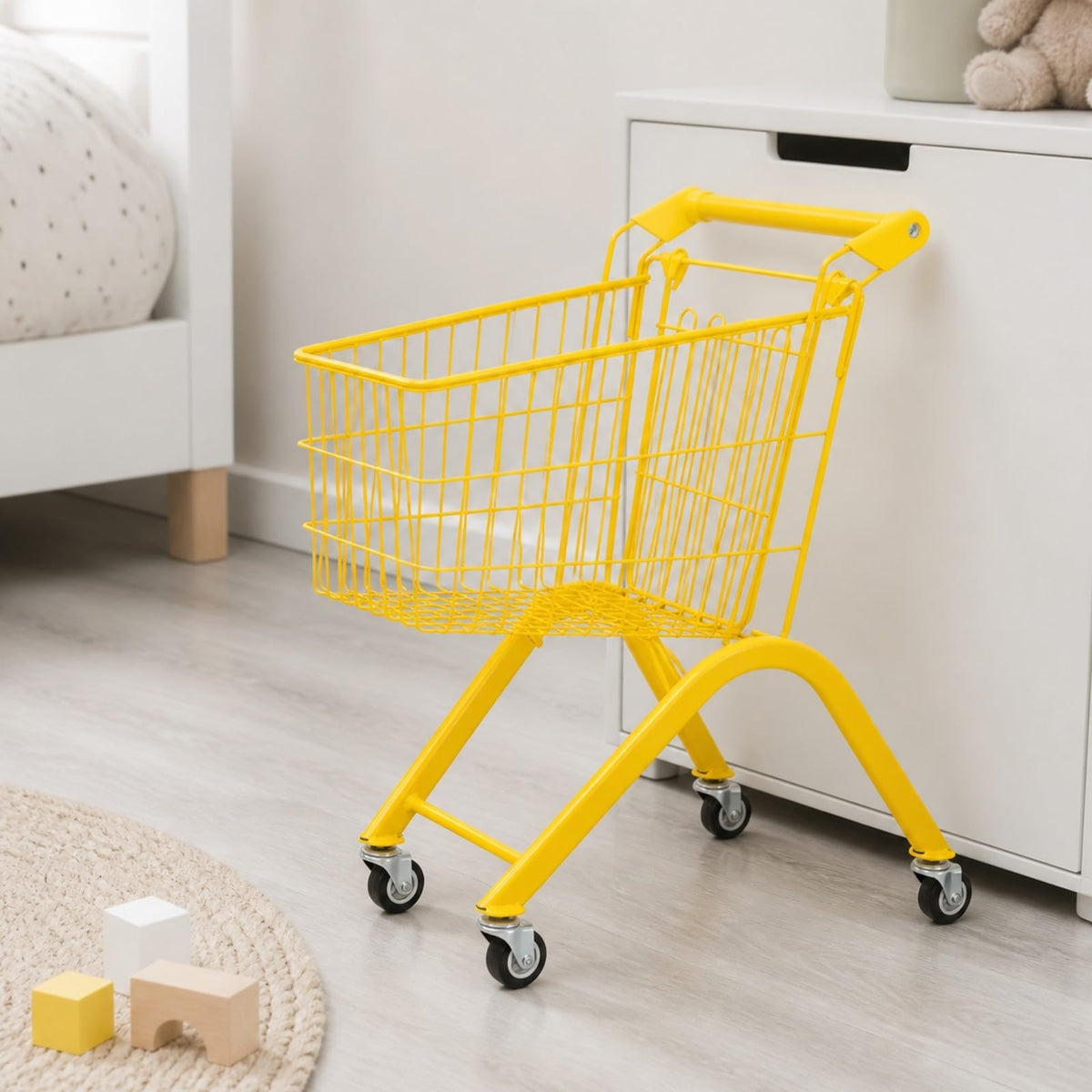 Childrens Metal Shopping Cart Toy with Spacious Wire Basket and Maneuverable Wheels for Interactive Role Play Games Suitable for Preschool Boys Girls Age, Blue, 65CM Foldable