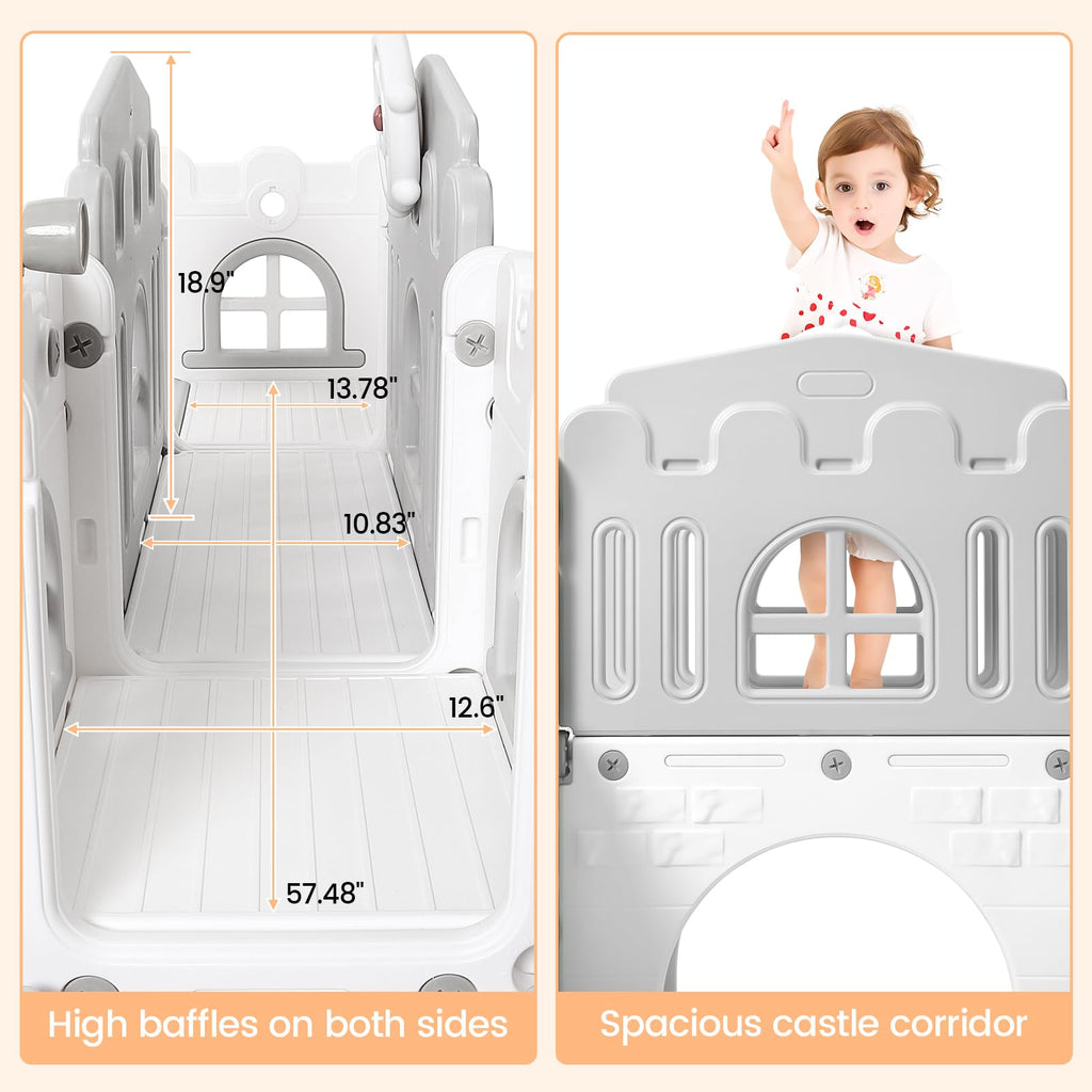 8 in 1 Toddler Slide Indoor Playground, Indoor Slide Toddler Playset for Toddlers 1-3, Kids Outdoor Playground with Basketball Hoop, Climber, Crawling Tunnel, Telescope, Toy Storage