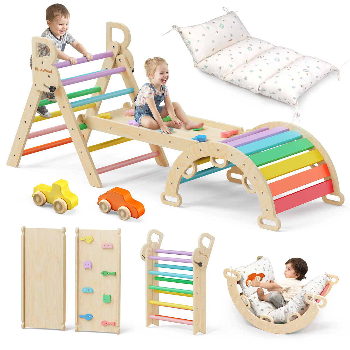 BlueWood Pikler Triangle Set with Cushion, Wooden Climbing Toys for Toddler