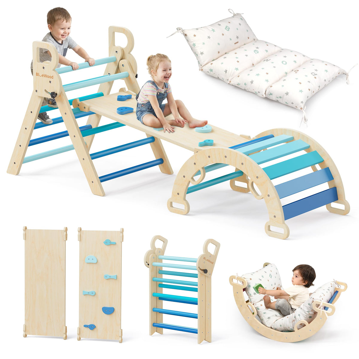 BlueWood Pikler Triangle Set with Cushion, Wooden Climbing Toys for Toddler