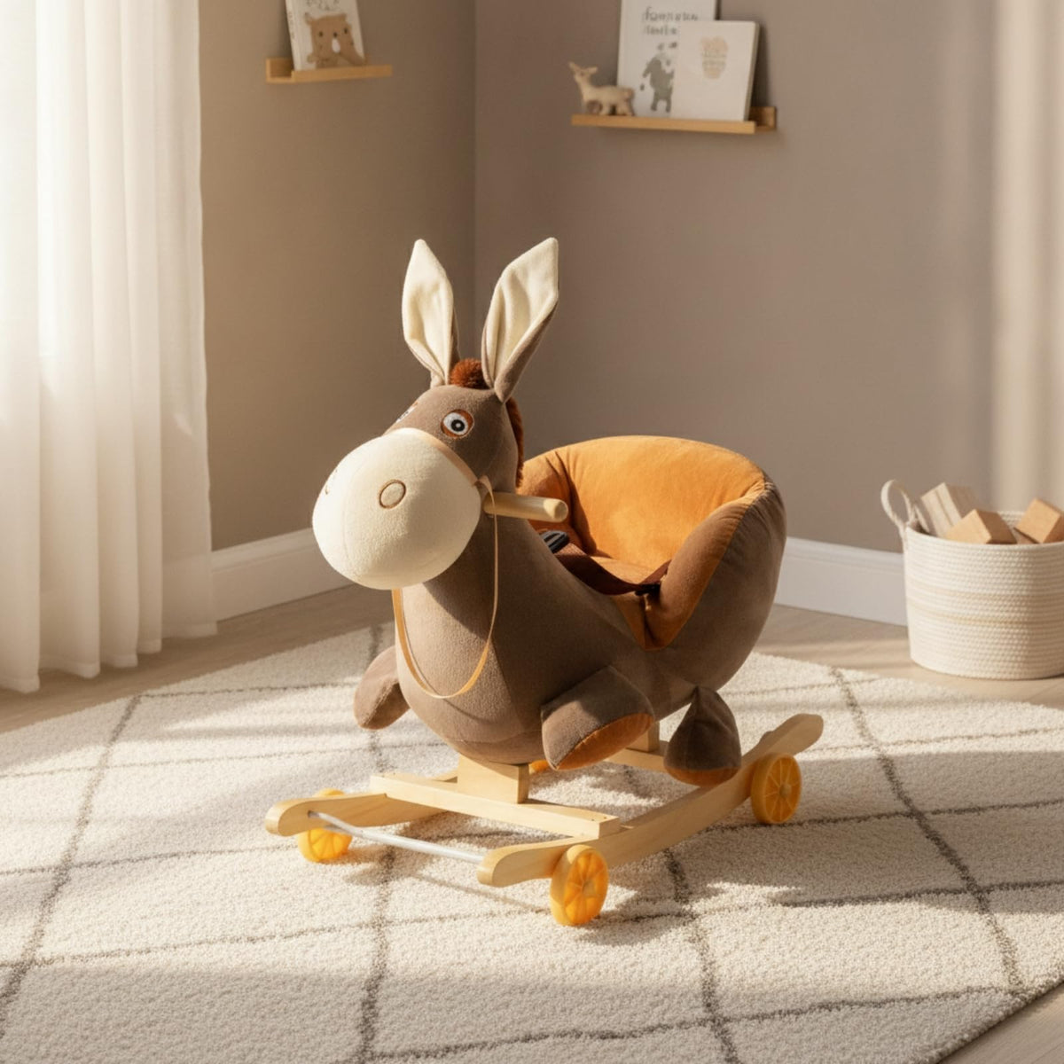DuskHaven Soft Long-Eared Friend Rocking Toy Long-Eared Friend Rocking Toy with Belt Equilibrium-Building Wooden Rocker for Indoor Play