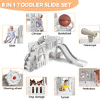8 in 1 Toddler Slide Indoor Playground, Indoor Slide Toddler Playset for Toddlers 1-3, Kids Outdoor Playground with Basketball Hoop, Climber, Crawling Tunnel, Telescope, Toy Storage