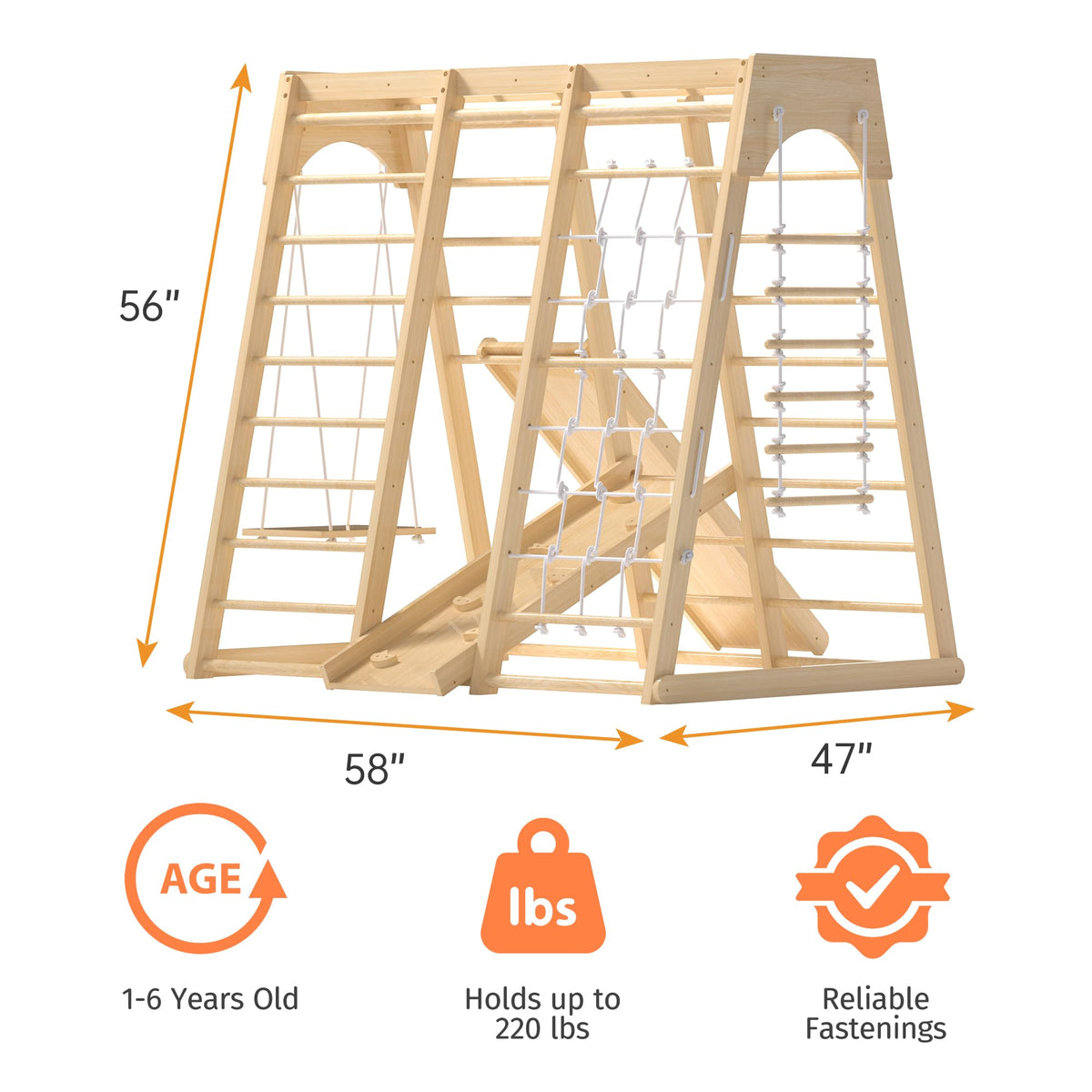Indoor Jungle Gym for Toddlers, 8-in-1 Wooden Montessori Climbing Toys with Slide, Swing, Rock Wall, Rope Ladder, Monkey Bars – Indoor Playground for Kids Ages 1-8