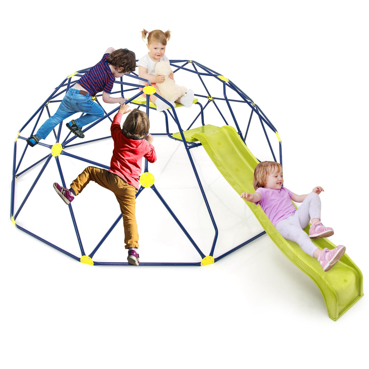 Costzon Kids Climbing Dome with Extended Wavy Slide, 13.3FT Kids Jungle Gym Monkey Bar for Outdoor, Indoor Geometric Dome Climber Playground, Climbing Toys for 3-10 Boys Girls Backyard Gift