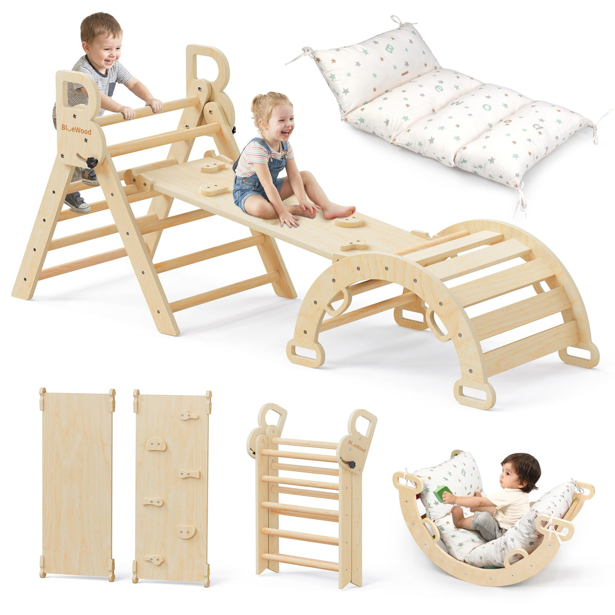 BlueWood Pikler Triangle Set with Cushion, Wooden Climbing Toys for Toddler