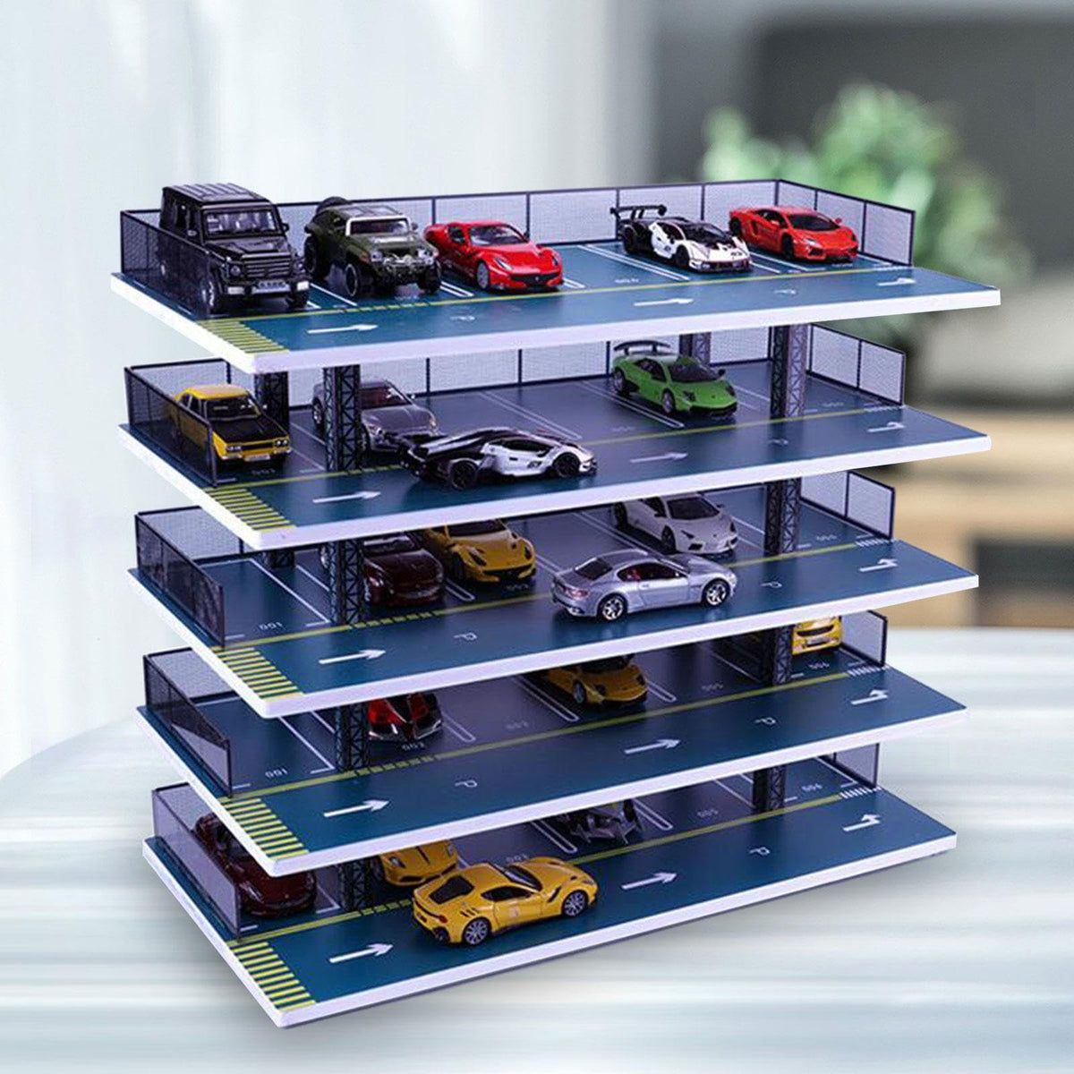 harayaa Car Model Display Case 1 32 Toy Car Display Cabinet Scenery Model Multilayers Parking Lot Model Scene Showcase 1/32 Model Car Parking Lot Desktop, 5 Layers