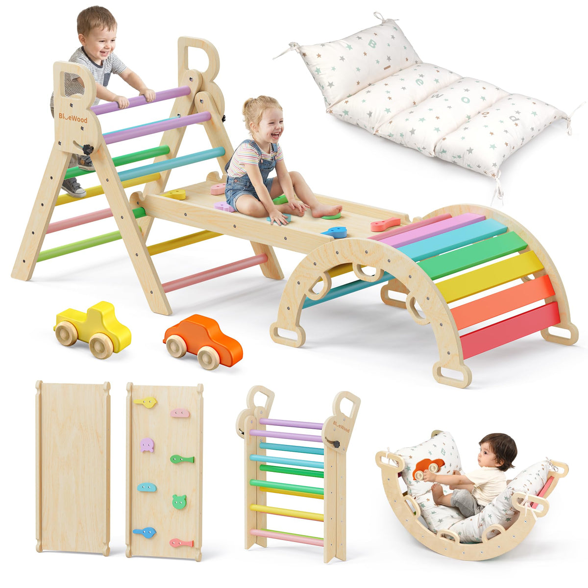 BlueWood Pikler Triangle Set with Cushion, Wooden Climbing Toys for Toddler