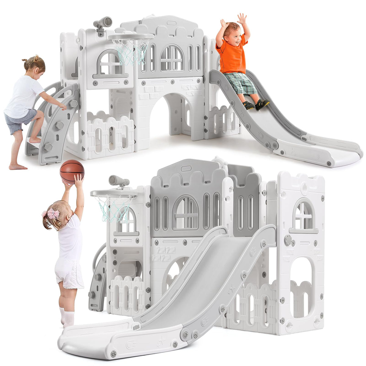 8 in 1 Toddler Slide Indoor Playground, Indoor Slide Toddler Playset for Toddlers 1-3, Kids Outdoor Playground with Basketball Hoop, Climber, Crawling Tunnel, Telescope, Toy Storage