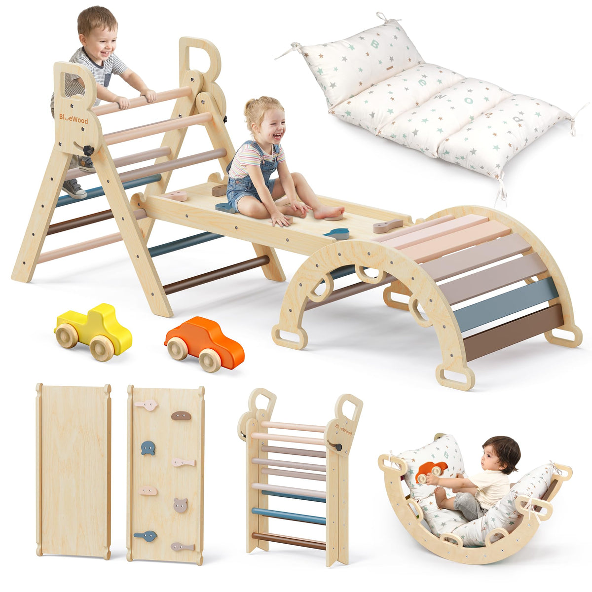 BlueWood Pikler Triangle Set with Cushion, Wooden Climbing Toys for Toddler