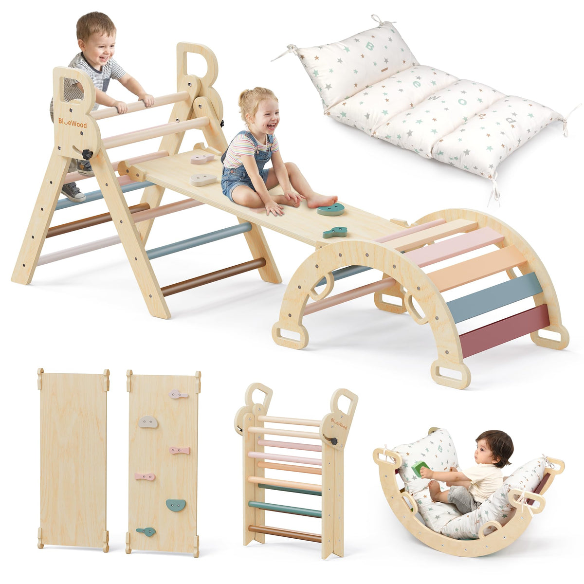 BlueWood Pikler Triangle Set with Cushion, Wooden Climbing Toys for Toddler
