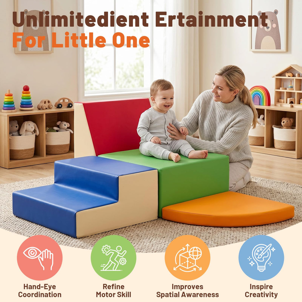 4-Pieces Climbing Toys for Toddlers (XL Size): PU Leather - Soft Play Climbing for Toddlers - Extra Large Foam Climbing Blocks for Crawling and Sliding Indoor Playground for Kids