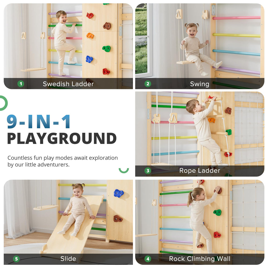 BlueWood 9-in-1 Swedish Ladder Rock Climbing Wall for Kids, Rainbow