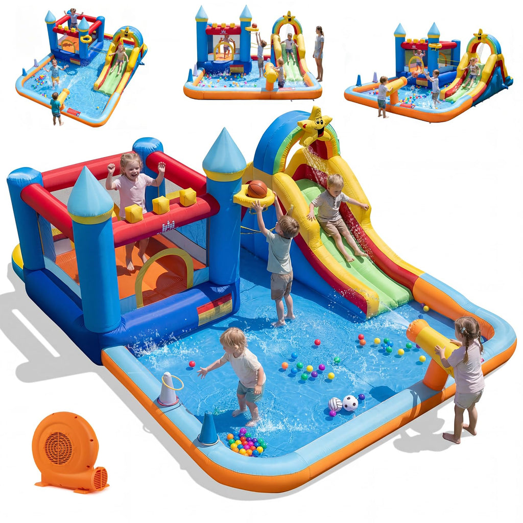 BOUNTECH Inflatable Bounce House Water Slide, Water Bounce House Jump Castle for Kids 3-12 Indoor, Splash Pool, Basketball Hoop, Backyard Fun Water Toys, Blow Up Bouncy Castle with Blower for Outdoor