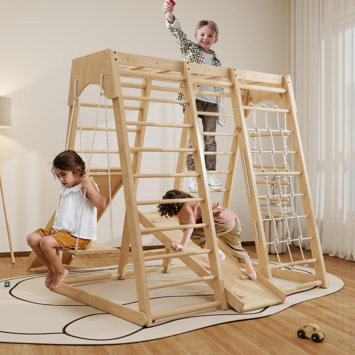 Indoor Jungle Gym for Toddlers, 8-in-1 Wooden Montessori Climbing Toys with Slide, Swing, Rock Wall, Rope Ladder, Monkey Bars – Indoor Playground for Kids Ages 1-8