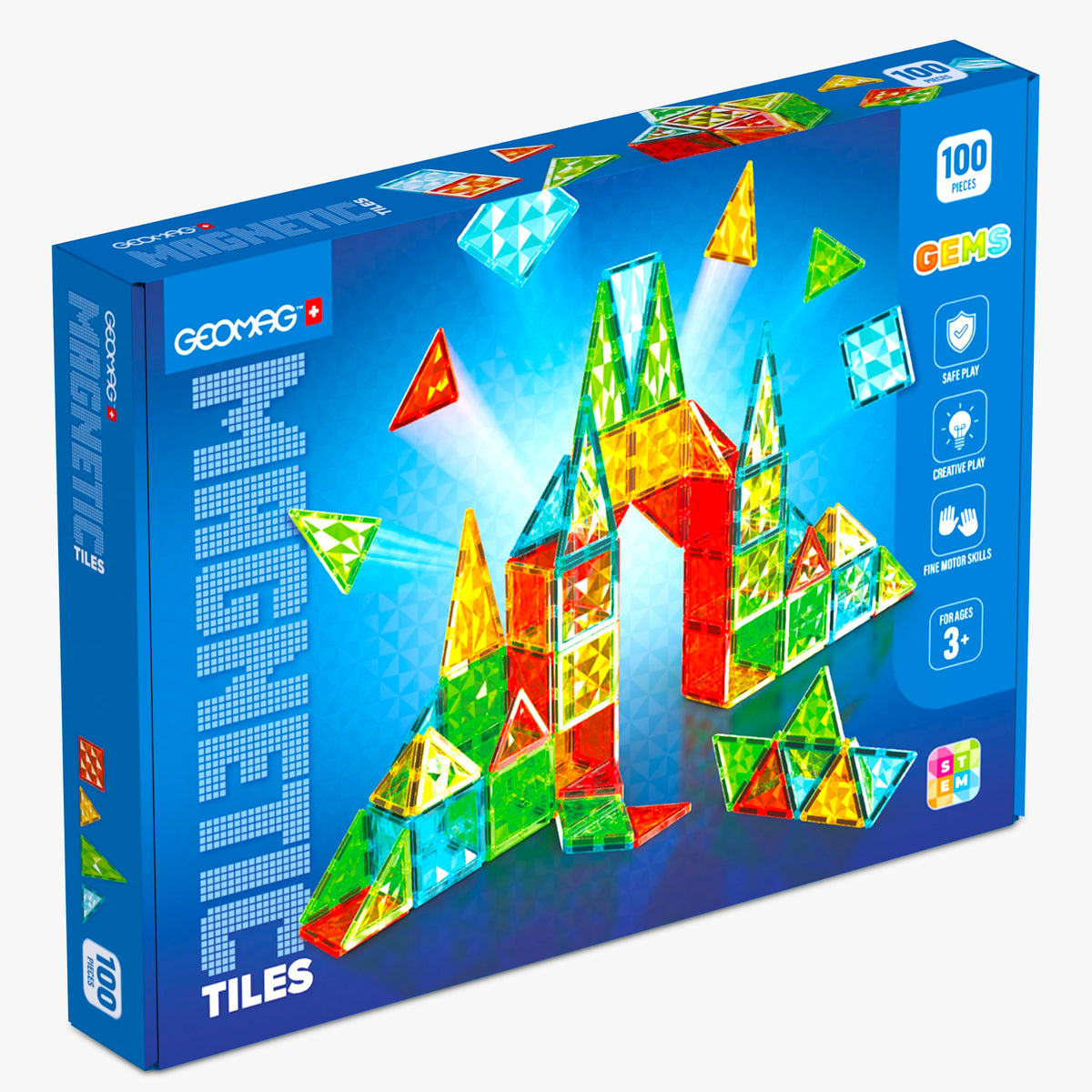 Geomag Magnetic Tiles Gems 100 - Magnetic Buildings 100 Pieces 3D Panels - Educational Blocks Magnets Set Toys for Kids Creativity Montessori for 3+ Years