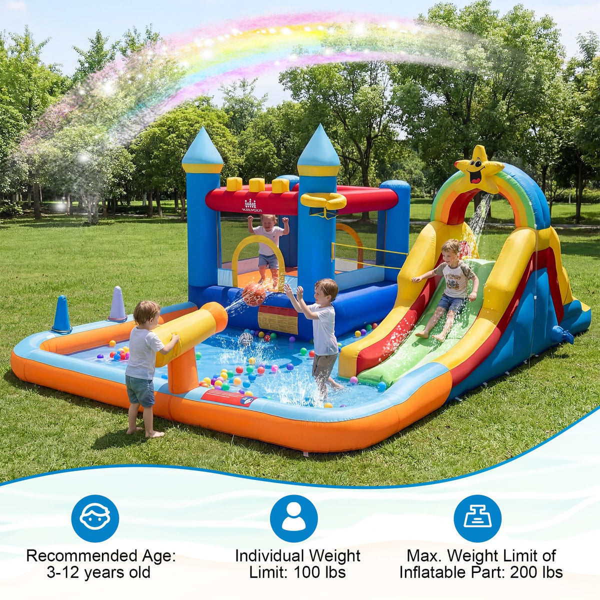BOUNTECH Inflatable Bounce House Water Slide, Water Bounce House Jump Castle for Kids 3-12 Indoor, Splash Pool, Basketball Hoop, Backyard Fun Water Toys, Blow Up Bouncy Castle with Blower for Outdoor