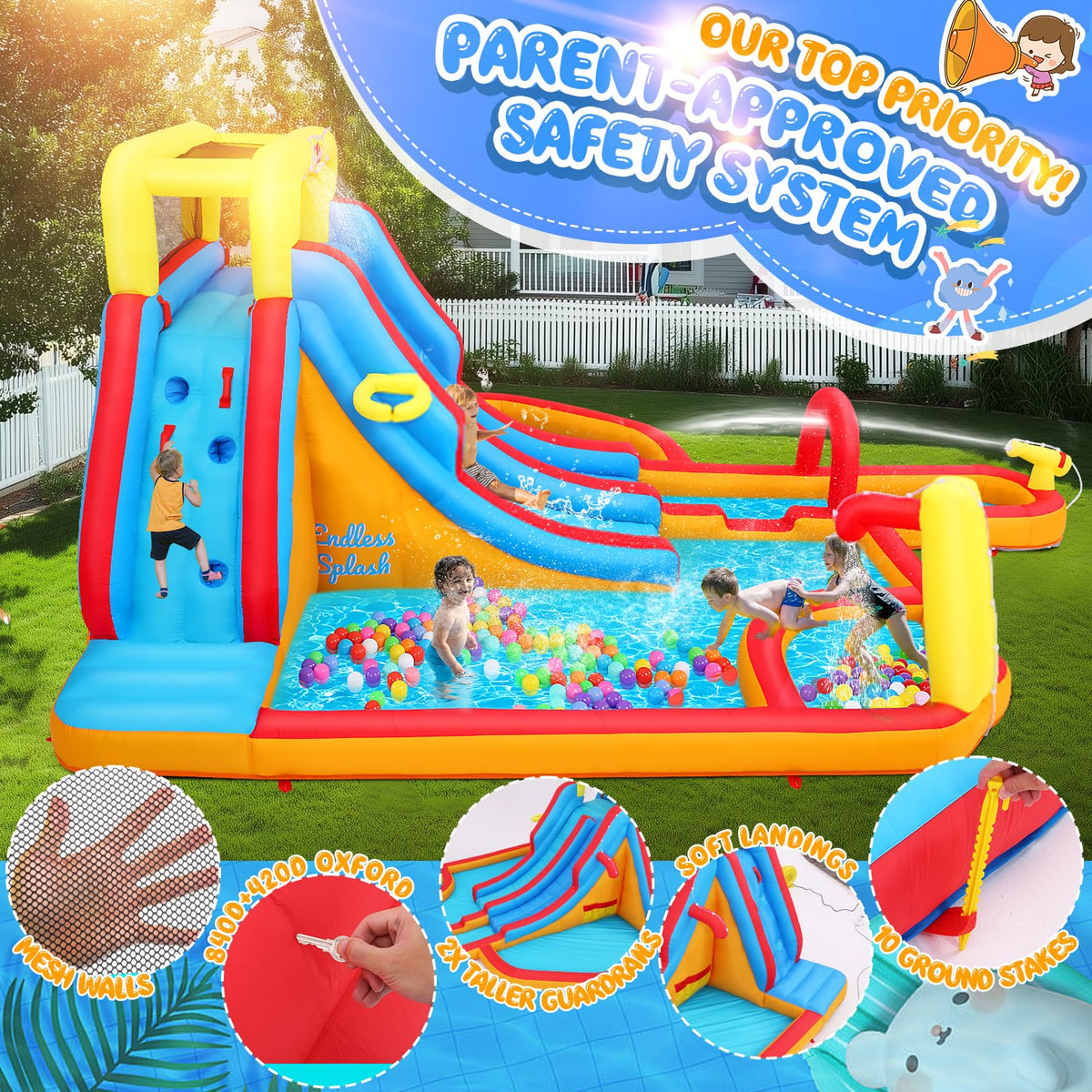 19.2ft Giant Double Lane Inflatable Water Slide for Kids Backyard Blow Up Racing & Climbing Water Park, 17.2ft Extra Long Slide w/Arch, Multi Splash Pool w/Sprinkler, 15pcs Water Battle Toy