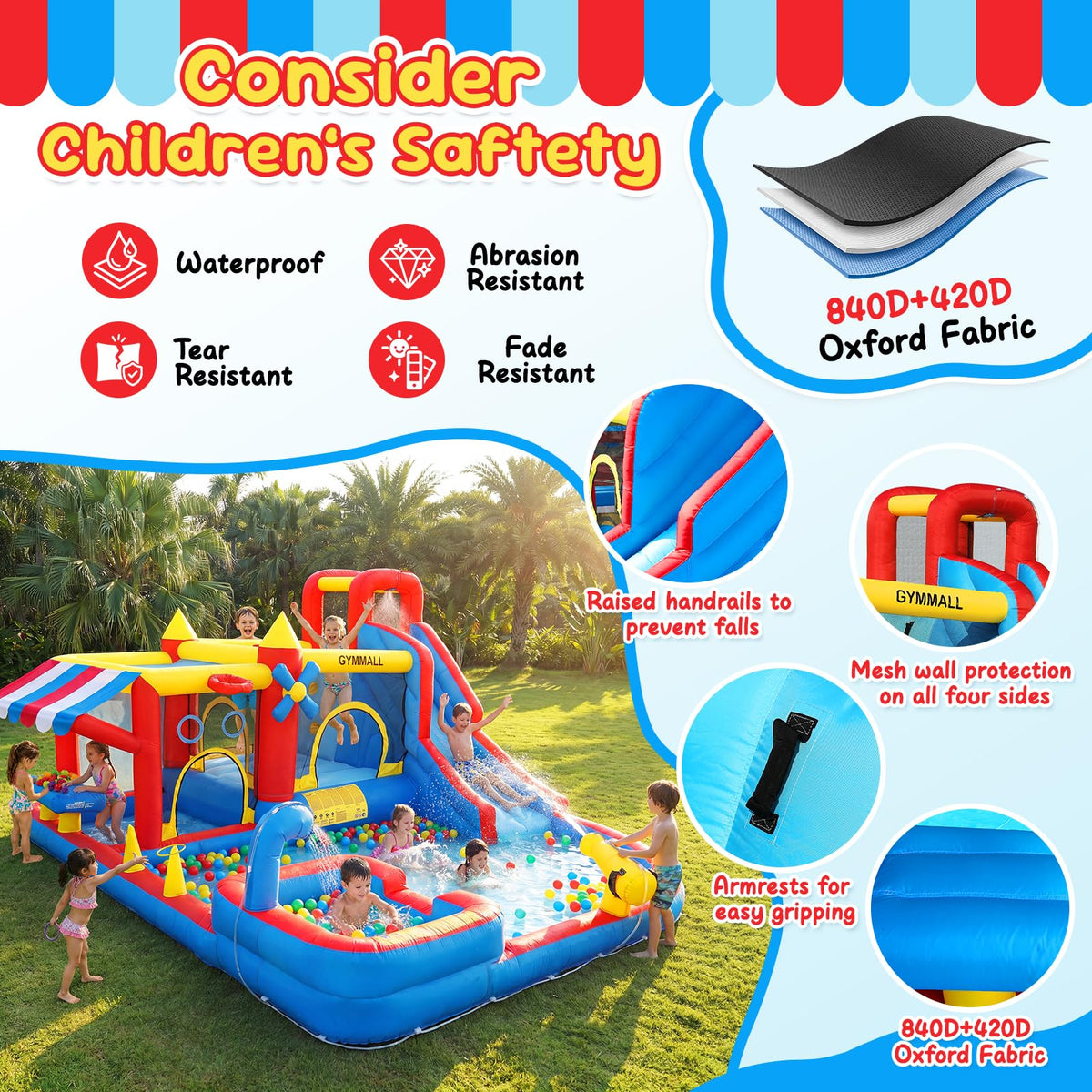 Inflatable Bounce House Water Slide with 550 W Blower, Blow up 10-in-1 Waterslide Park Bouncy Castle Outdoor and Indoor, Bouncer House with Toy Market Stand, Splash Pool and Climbing Wall
