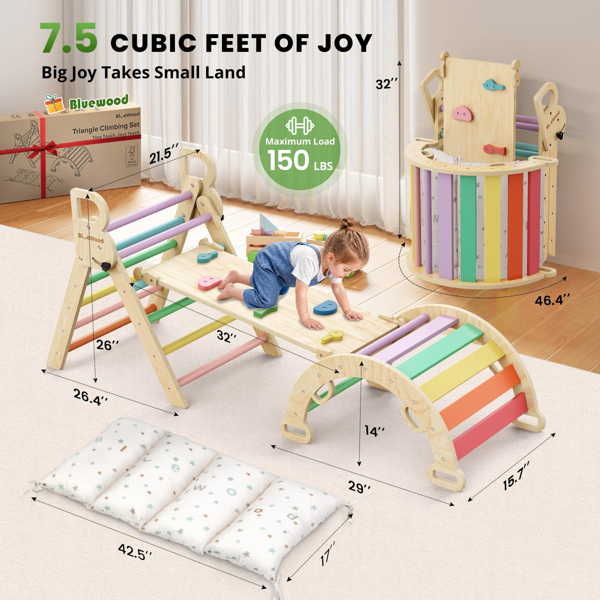 BlueWood Pikler Triangle Set with Cushion, Wooden Climbing Toys for Toddler