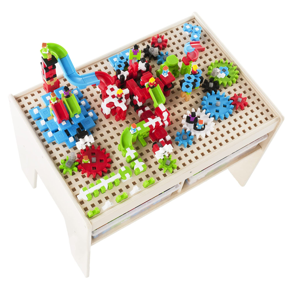 Guidecraft IO Blocks Center: 458 Building Pieces, 400 IO Blocks and 4 Storage Bins with Activity Table for Kids - STEM Educational and Learning Toy for Toddlers