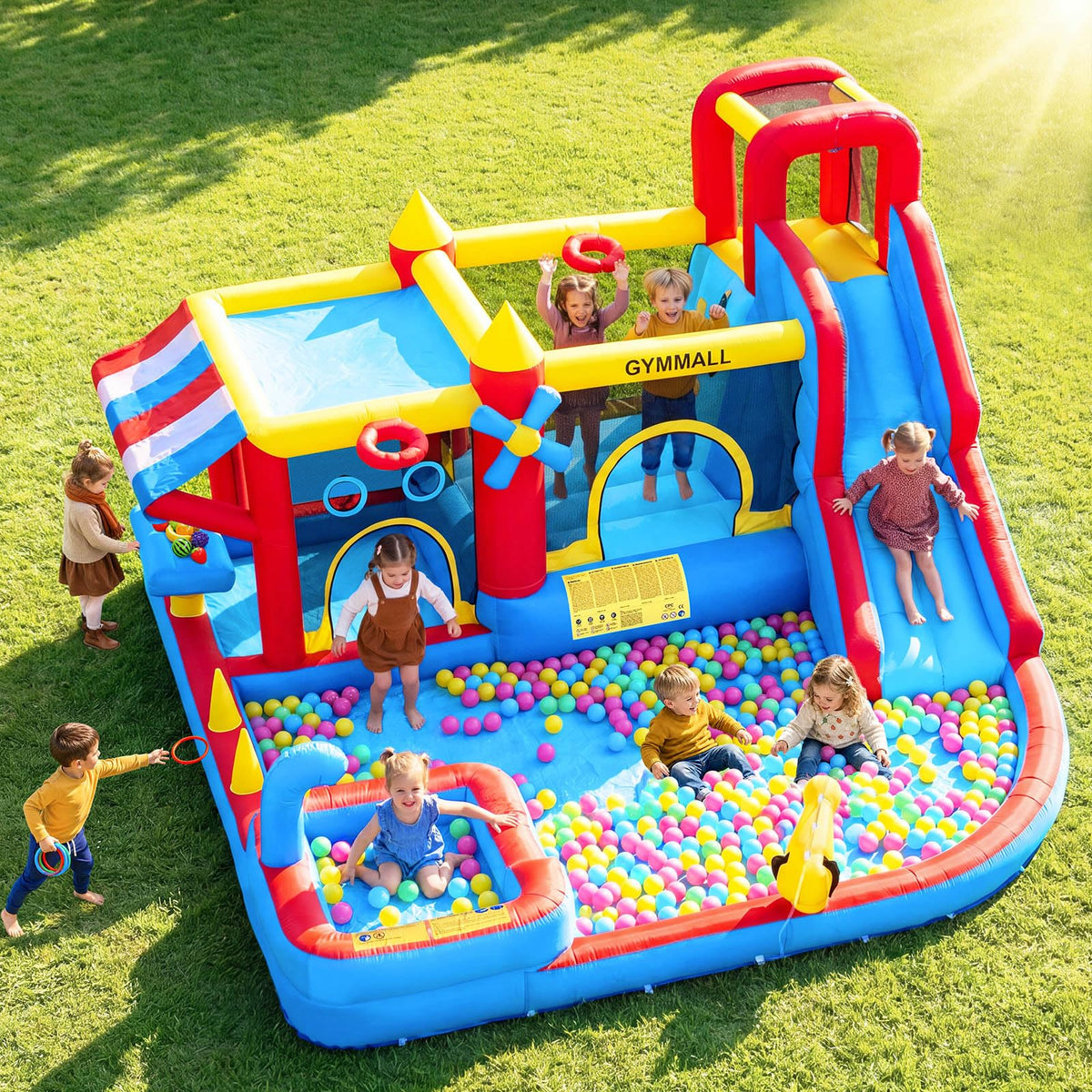 Inflatable Bounce House Water Slide with 550 W Blower, Blow up 10-in-1 Waterslide Park Bouncy Castle Outdoor and Indoor, Bouncer House with Toy Market Stand, Splash Pool and Climbing Wall