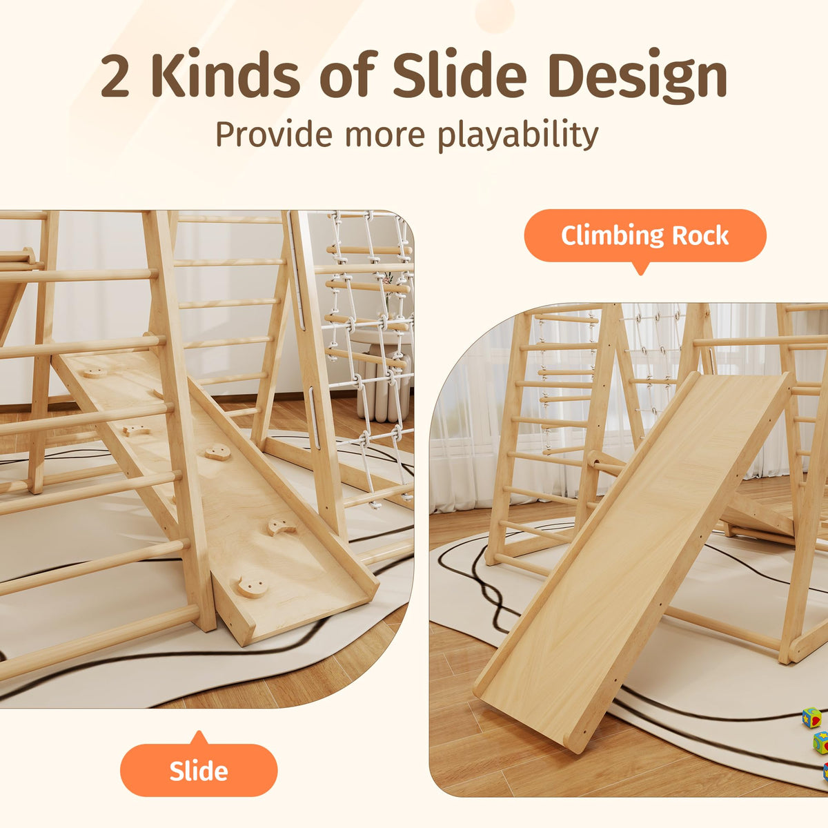 Indoor Jungle Gym for Toddlers, 8-in-1 Wooden Montessori Climbing Toys with Slide, Swing, Rock Wall, Rope Ladder, Monkey Bars – Indoor Playground for Kids Ages 1-8