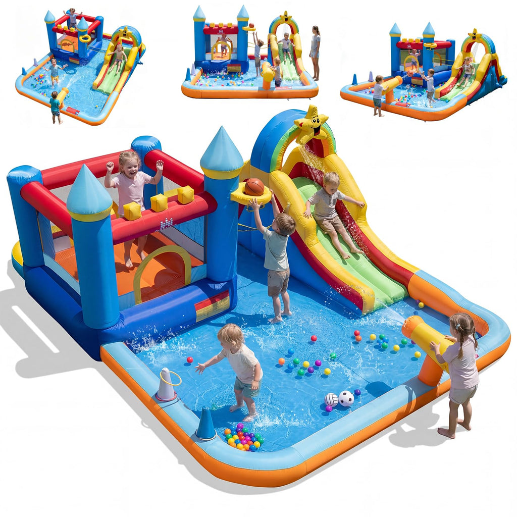 BOUNTECH Inflatable Bounce House Water Slide, Water Bounce House Jump Castle for Kids 3-12 Indoor, Splash Pool, Basketball Hoop, Backyard Fun Water Toys, Blow Up Bouncy Castle with Blower for Outdoor