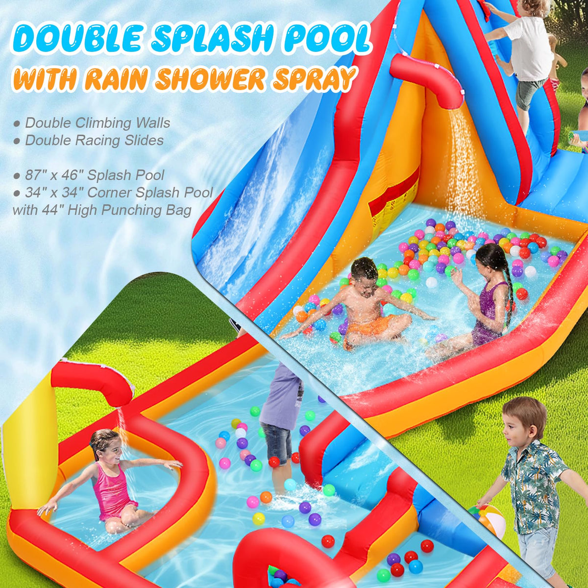 19.2ft Giant Double Lane Inflatable Water Slide for Kids Backyard Blow Up Racing & Climbing Water Park, 17.2ft Extra Long Slide w/Arch, Multi Splash Pool w/Sprinkler, 15pcs Water Battle Toy