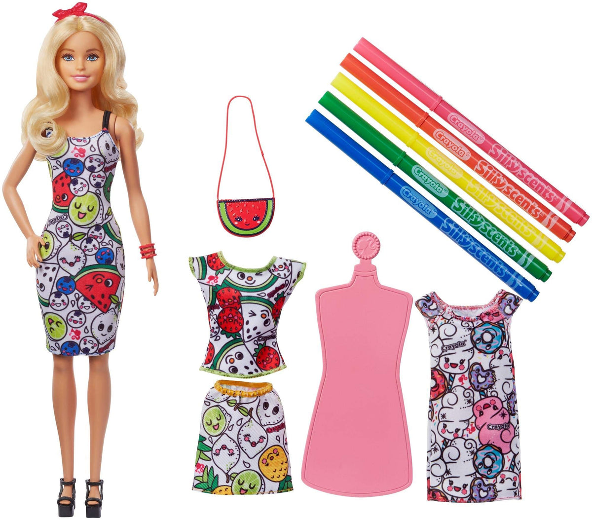 Barbie Crayola Color-in Fashions Doll and Fashions Set, Creative Art Fashion Toy with Doll, Washable Fashions, Scented Markers and Scented Purse, Gift for 5 Year Olds and Up