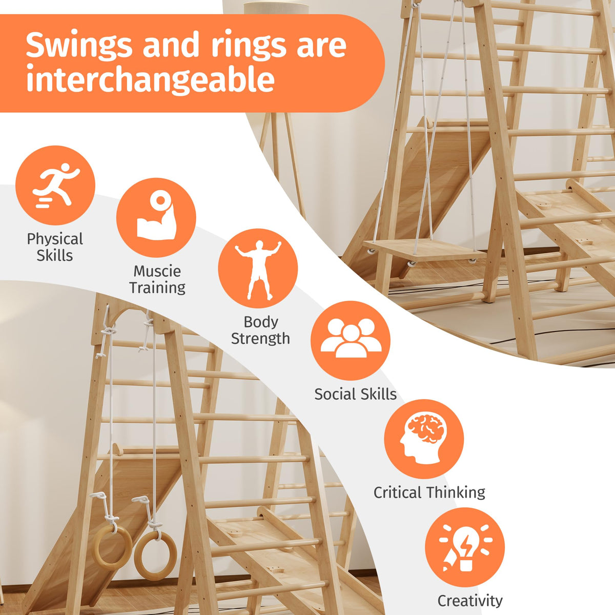 Indoor Jungle Gym for Toddlers, 8-in-1 Wooden Montessori Climbing Toys with Slide, Swing, Rock Wall, Rope Ladder, Monkey Bars – Indoor Playground for Kids Ages 1-8