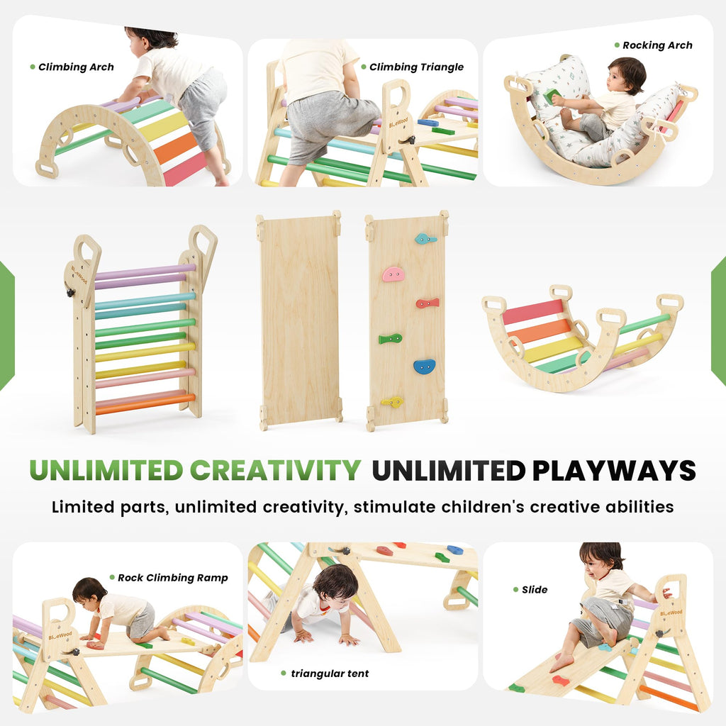 BlueWood Pikler Triangle Set with Cushion, Wooden Climbing Toys for Toddler