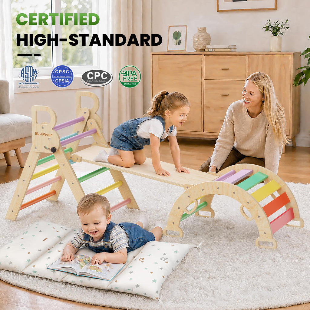 BlueWood Pikler Triangle Set with Cushion, Wooden Climbing Toys for Toddler