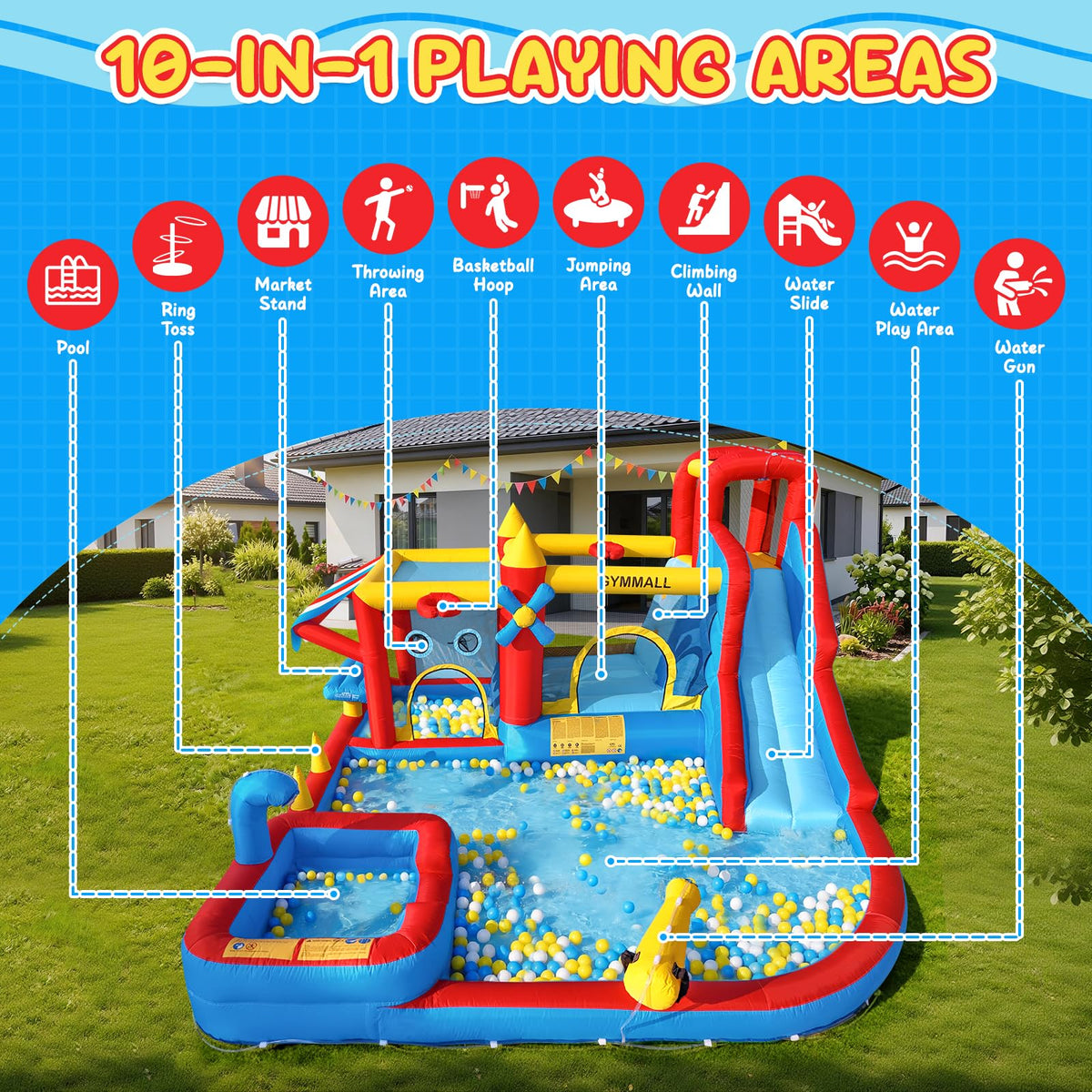 Inflatable Bounce House Water Slide with 550 W Blower, Blow up 10-in-1 Waterslide Park Bouncy Castle Outdoor and Indoor, Bouncer House with Toy Market Stand, Splash Pool and Climbing Wall