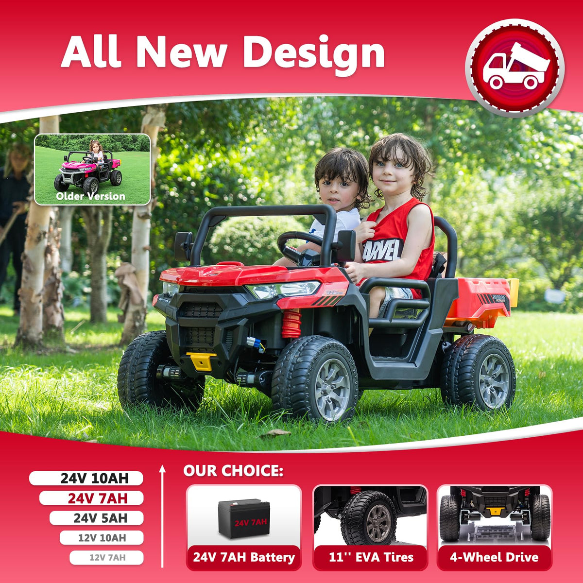24V Ride on Toys for Kids 4-8, 2 Seater Electric Car with Dump Bed, Red